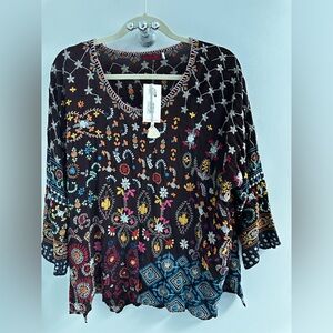 Johnny Was Wine Blouse with Colorful Embroidery